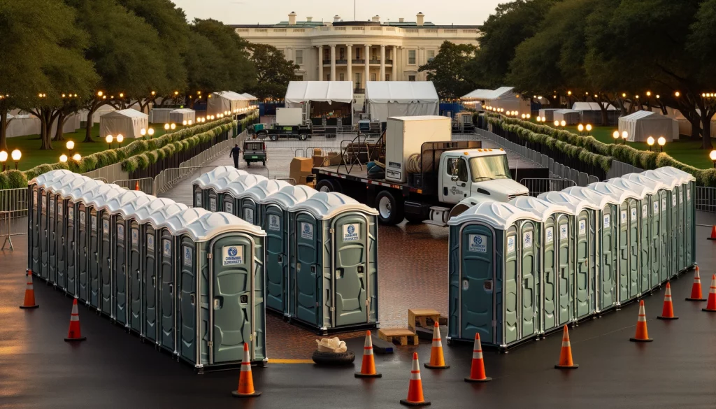 Festival porta potty bank with barricades in Columbia, Tennessee